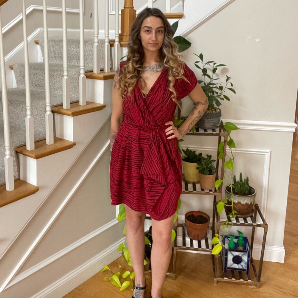 Asymmetrical Red Abstract Faux Wrap Cocktail Dress